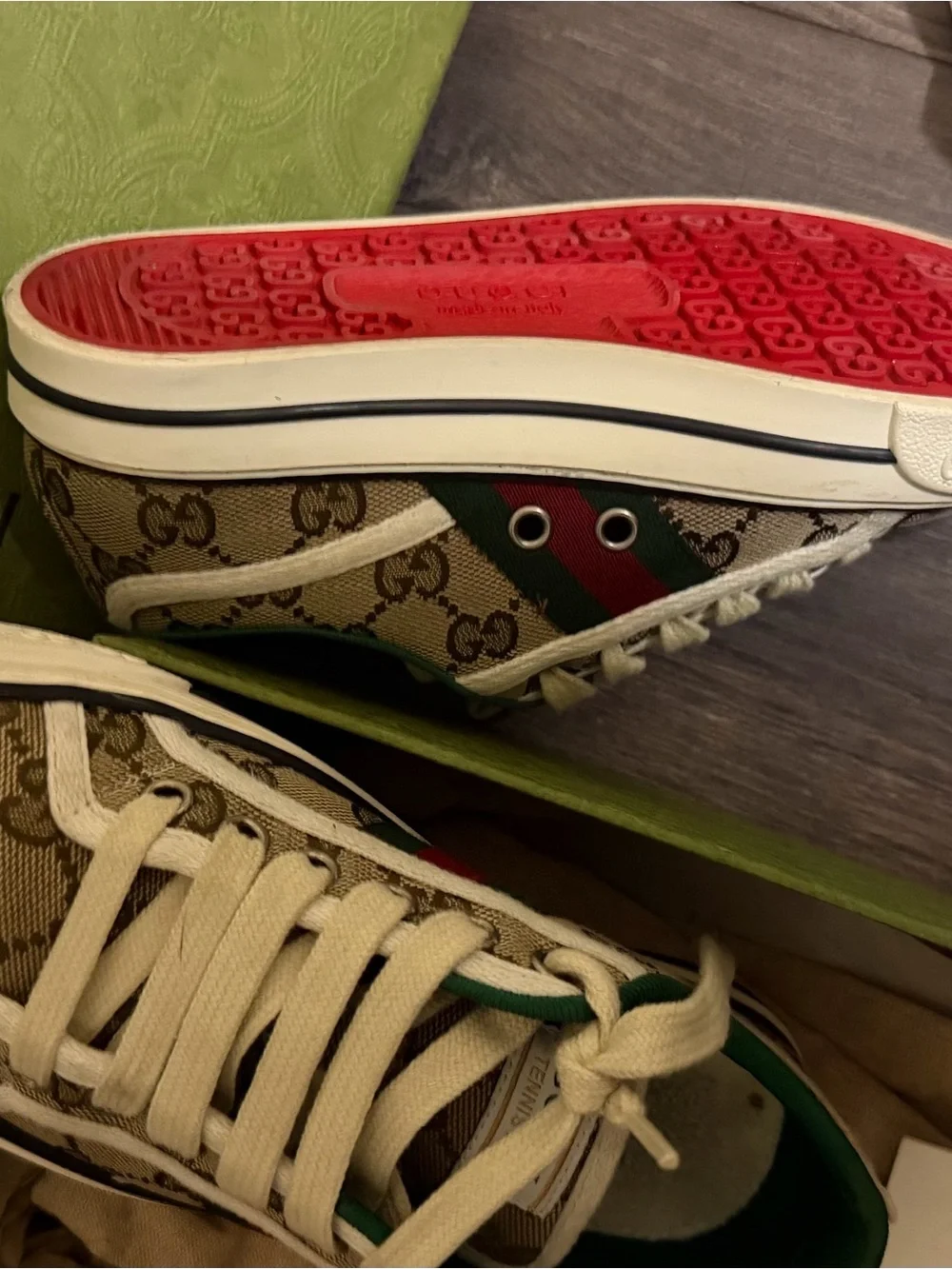 Gucci Beige GG Canvas Sneaker with Red & Green Stripe